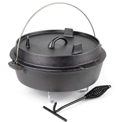Wiltec Dutch Oven Marmite 6L en Fonte Dessous-plat Lève-couvercle Pied de support Fait-tout Pot Cocotte Feu de camp Camping Barbecue Grillade Friture Cuisson Extérieur