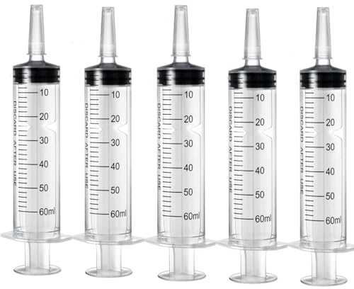 5 siringhe in plastica da 60 ml, siringa dosatrice in plastica, siringa dosatrice per industriali, misurazione e erogazione dei liquidi, alimentazione per animali, irrigazione delle piante
