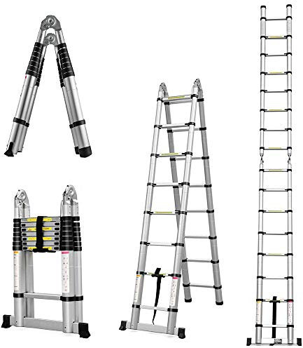Teleskopleiter Klappleiter 5m, Aluleiter 16 Sprossen, Mehrzweckleiter für Wartung/Dekoration, 150kg Belastbarkeit Schiebeleiter (2,5+2,5M)