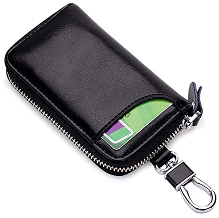 PORRASSO Etuis Porte Clés Véritable Cuir Pochette Porte Cles Voiture Clé Cas Porte-Monnaie Portable Key Case avec 6 Crochet Clip pour Hommes Femme Noir