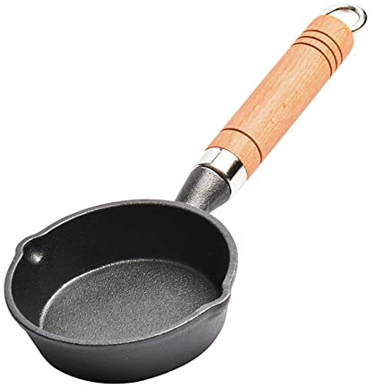 UPTALY Mini chauffe-beurre en fonte de 13 cm, avec poignée en bois, sans revêtement, petits poêles à omelettes avec bec verseur, pot à lait, poêle à œufs portable pour camping, casserole noire