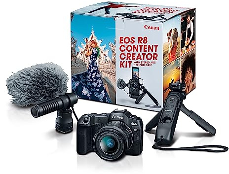Canon EOS R8 Content Creator Kit, Full-Frame Mirrorless Camera, RF Mount, 24.2 MP, 4K Video, DIGIC X Image Processor, Compact, Lightweight, Smartphone Connection, Tripod Grip, Stereo Microphone