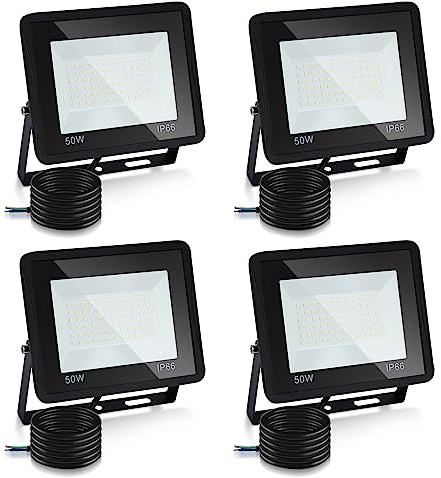 Lospitch Projecteur LED Extérieur 50W, Lot de 4 Spot LED Extérieur IP66 Étanche, 4250LM Superlumineux Spot Exterieur Floodlight 3000K Blanc Chaud, pour Cour, allées (sans prise)