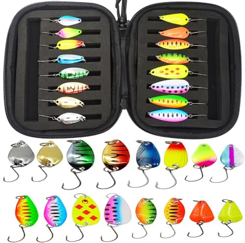 Sakiyrmai Angelköder mit Einzigen Haken, Blinker/Spinner/Wobbler Set 16 Stück mit Handtasche, Pailletten Kunstköder für Forelle, Barsch, Zander,Lachs, Hecht, Walleye