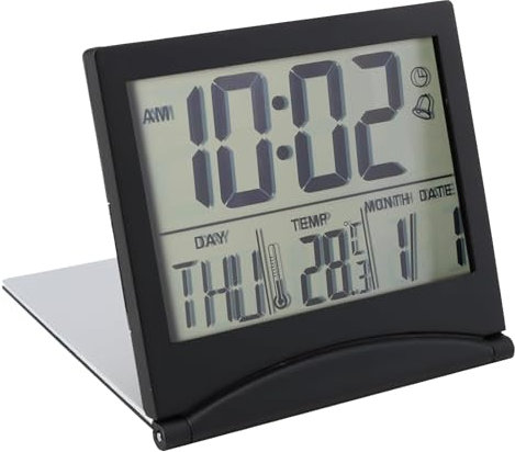Wimony Digital LCD Travel Alarm Clock - Foldable Compact With Day, Date and Temperature Indication - Desktop Battery Powered