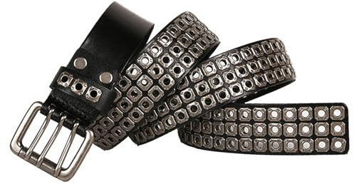 Surrycee Extra langer Gürtel (105–150 cm), Herren/Damen, 3-reihiger Nietengürtel, Metall, Punkrock, Nieten, Gothic-Gürtel aus echtem Leder für Jeans, 3,8 cm breit
