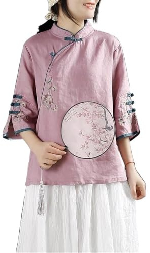 xinrishe Top De Lino Y Algodón Retro De Estilo Chino Para Mujer Camisa Holgada De Talla Grande Blusa Hanfu Tradicional Con Bordado Exquisito (Color : Purple, Size : 4XL)