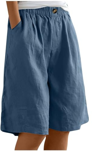 Leinen Shorts Damen High Waist, Kurze Hosen Damen Weites Bein,Bermuda Shorts Damen Knielang Leinenhose Baggy Cargoshorts mit Gummizug Sommerhose Leicht Schlafshorts Freizeithose für Frauen