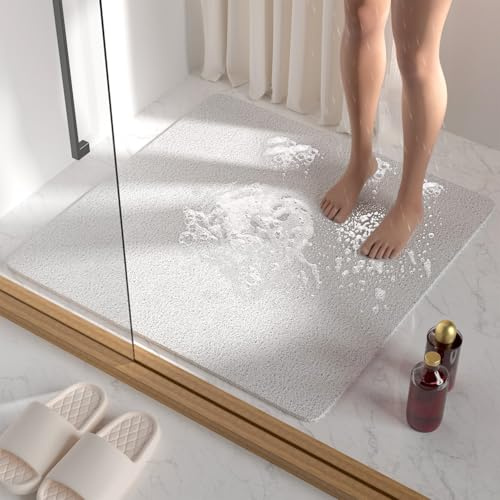 HITSLAM Duschmatte rutschfest, 68x68cm Badewannenmatte rutschfest mit Ablauf, Weiche PVC-Luffa Antirutschmatte Badewanne, Schnell Trocknende Badematte, Weiß