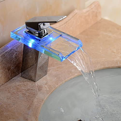 JAYEUW LED Wasserfall Wasserhahn Beleuchteter Glas LED Wasserfall Wasserhahn Bad Armatur Mischbatterie mit 3 Farbewechsel Beleuchtung Hahn Einhandmischer Waschbecken Armaturen