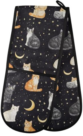 Double Oven Gloves Cute Cats Stars Moon Black Heat Resistant Pot Holder Oven Mitt Gloves for BBQ Cooking Baking Grilling Microwave