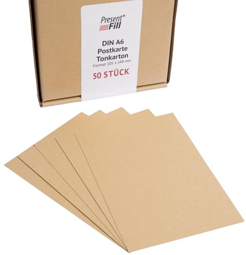 PresentFill® - blanko Postkarten Tonkarton NaturBraun, Papier-Karten Set 50 Stück 210 g/m² -DIN A6-105 x 148 mm zum Selbstgestalten, beschriften oder bedrucken als Bastelkarton, Karteikarten