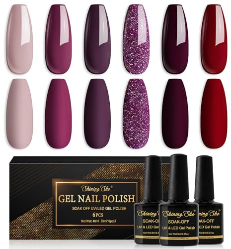 Shining She UV Nagellack Winter,6 Farben Rot Dunkelviolett Dunkelrot Glitzer Lila Gel-Nagellack Soak-Off UV Gel Nail Polish für Anfänger DIY Nail Art Set,8ml