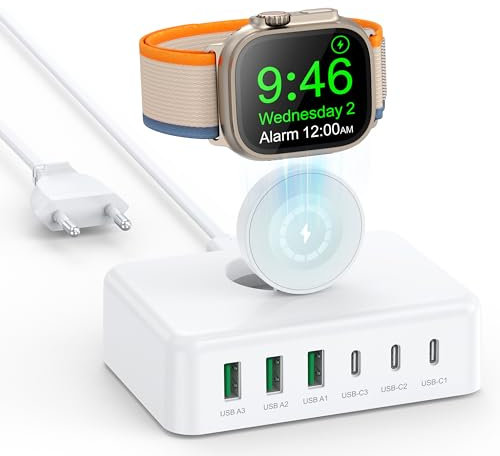 USB C ladegerät,125W 6-in-1 Fast Charger Station mit USB-C und USB-A für Apple Watch, Power Adapter USB Schnellladegerät für iPhone 17/16/15/14/13/12/Pro Max/Pro,Galaxy S24 Ultra,Xiaomi,Huawei Handys