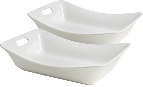 LEHAHA Large Serving Bowls with Handles, Set of 2 White Porcelain Bowl Set, Durable Ceramic Salad Bowls, 2 Quarts Rectangular Serving Platter for Turkey, Fruit Salad Serving Dishes for Entertaining