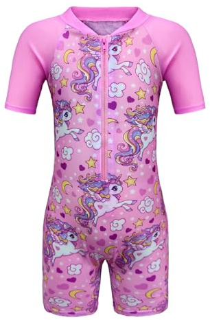 Aduya Maillot de bain une pièce pour fille - Licorne - Fermeture éclair - Protection UV - Rashguard - Surf - Protection UV, S019-rose, 9-12 ans