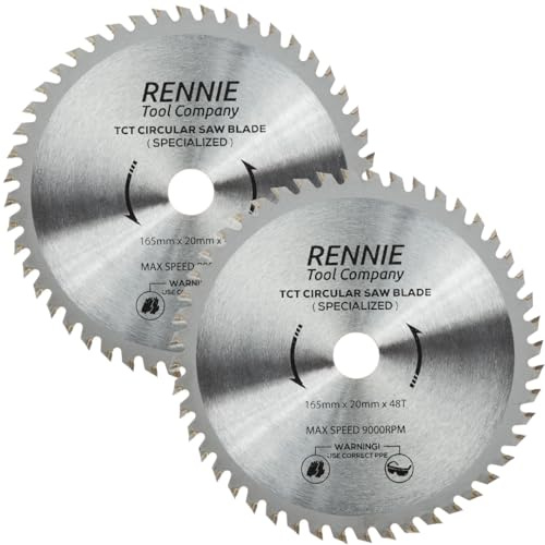 Rennie Tool 2pc 165mm x 20mm Bore x 48T TCT Cordless Circular Saw Blades | Fits Bosch Makita Ryobi Dewalt Circular Saws etc, Thin Kerf 165mm Circular Wood Saw Blades For Cordless Saws / 1.5mm Thin Cut