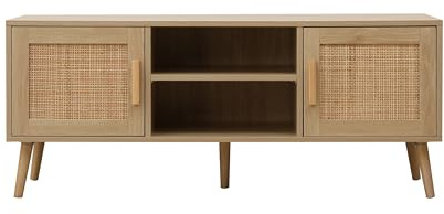 Kingwudo® Wooden and Weave 2 Doors TV Unit TV Stand Cabinet with Shelves and 2 Doors TV Entertainment Multimedia Centres for Living Room, 120×40×50cm