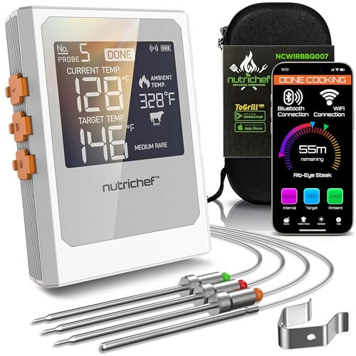 Nutrichef Wireless Meat Thermometer with 2 Stainless Steel Probes, Bluetooth and WiFi Smartphone App for Monitoring Food Temp and Remote Alerts, Digital Display, for Grilling and BBQ Smoking