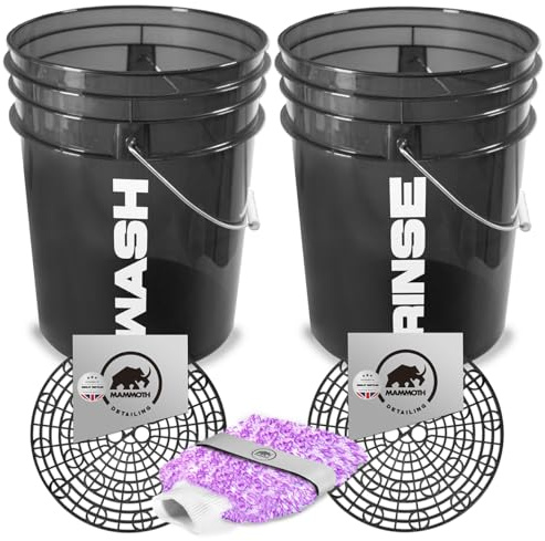 5pc Detailing Car Wash Bucket Set With Wash Guards for Scratch Free Car Cleaning. Includes Microfibre Washmitt. (Black)