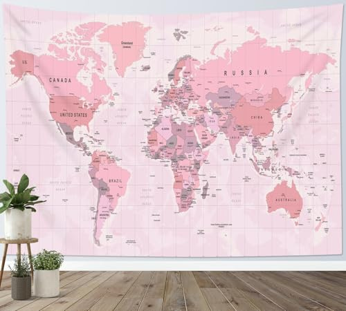 LB Wandteppich Weltkarte Wandtuch für Kinder Klassenzimmer Rosa Karte der Welt Wandbehang Asien Europa Amerika Afrika Tapisserie für Wohnzimmer Schlafzimmer Wohnheim Wanddeko,200x150cm