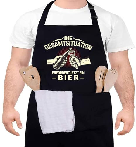 XCSJKJ Grillschürze für Männer Kochschürze Herren Schürze lustig, Grill schürze für Männer küchenschürze Herren personalisiert mit 4 Taschen ERFORDERT JETZT EIN BIER (Klassischer Stil)