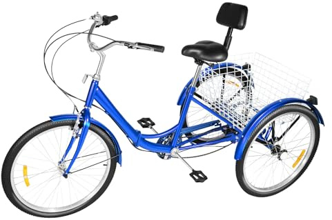 Madelynn 24 Zoll Dreirad für Erwachsene 36 Zähnen 7 Gang 3-Rad-Cruiser-Fahrrad 120kg V-Brake mit Hintere Korb Dreirad Fahrrad Zusammenklappbares Design mit Rutschfesten PC-Pedale Gummireifen (Blau)