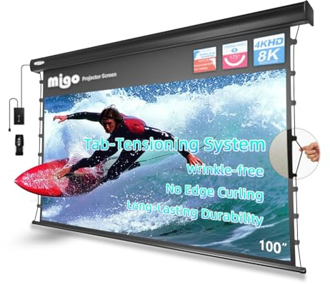 MIGO Pantalla de proyector tensada con pestañas, pantalla de proyector eléctrico de 100 pulgadas desplegable con 4K HD, montaje en techo, pantalla interior automática con control remoto para cine en