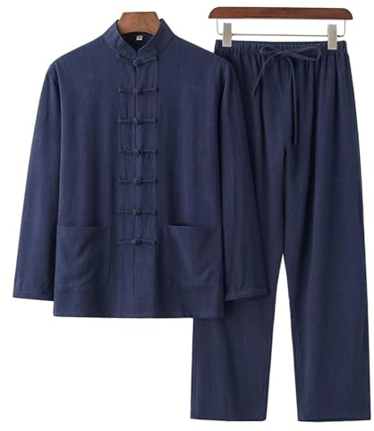 DAYKET Uniforme da Uomo Tai Chi, Tuta Tradizionale Cinese per Arti Marziali in Cotone e Lino Kung Fu Tangzhuang, Set Top a Maniche Lunghe + Pantaloni,Blue-4XL