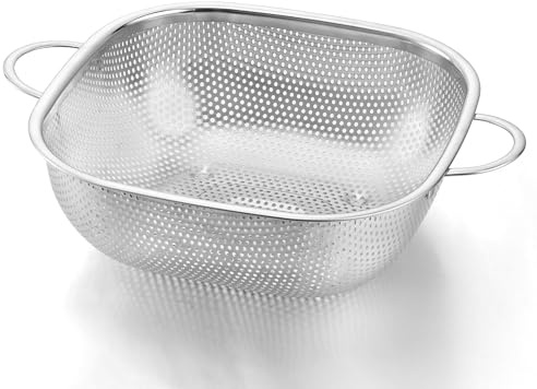 Herogo Square Colander 20cm, Stainless Steel Perforated Wire Sieve with Handle, Fine Metal Sink Mesh Strainer for Kitchen Washing Vegetable/Fruit/Noodle/Food Preparation, Dishwasher Safe