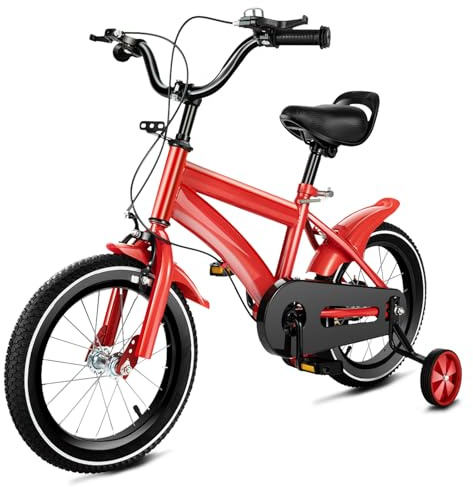 LKHDONG 14 Zoll Kinderfahrrad, für ab 3-6 Jahre Jungen & Mädchen, Höhenverstellbares Ausbildungsfahrzeuge, Fahrrad für Kinder mit Stützräder und Duales Bremssystem (Rot)