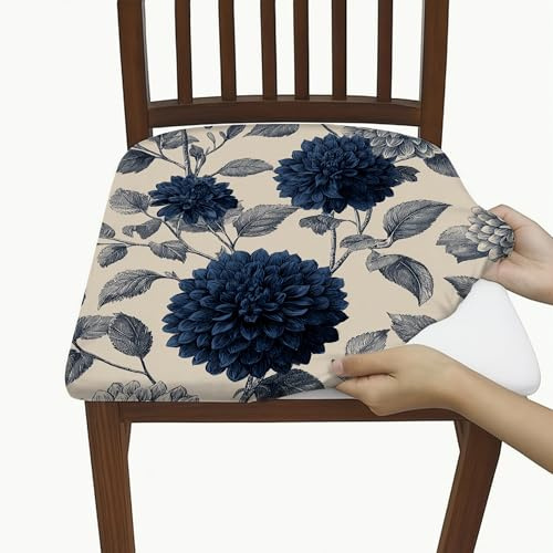 Lot de 6 housses de chaise élégantes à motif floral, extensibles et lavables en élasthanne avec imprimé dahlia bleu marine, décoration d'intérieur pour salle à manger et cuisine