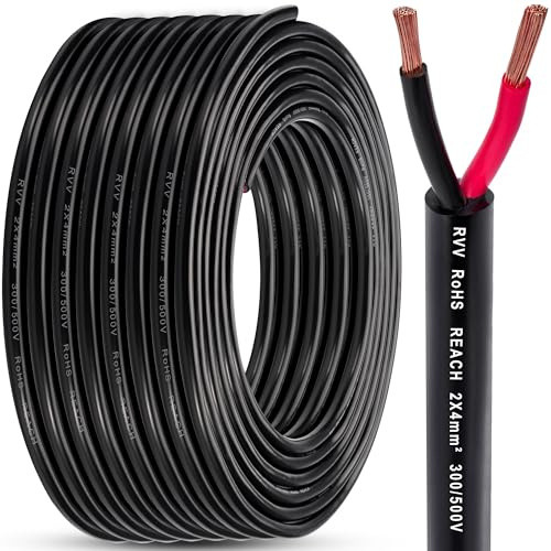 DARKGUARD Cable de Luz Remolque 2 Hilos 4,0mm², 10M Cable de Cobre 2 Polos FLRYY PVC, 12V/24V Redondo Cable Piña de Remolque 2 Pines para Caravana Camión RV, Cable 2 Polos Negra, RoHS & Reach
