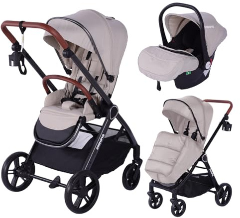 Barmøya 3-in-1 Kombi-Kinderwagen Komplettset mit Babywanne, Buggy & Babyschale – höhenverstellbar, faltbar, schwenkbare Räder, Federung & umfangreichem Zubehör (Beige)