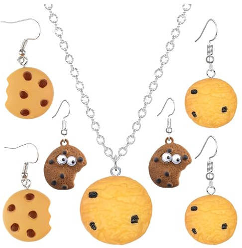 Krümelmonster Kostüm Accessoires Set 4-Teilig – 3 Paar Keks Ohrringe & 1 Keks-Halskette, Kostüm Krümelmonster, Karneval Kostüm Damen & Karnevalskostüm Damen