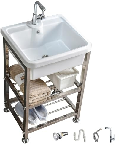 Lavabo per Lavanderia In Ceramica Autoportante con Supporto Portaoggetti in Acciaio Inossidabile, Lavandino Bagno per Lavanderia, Garage e Cantina(65x50x80cm/26x20x31.5in)