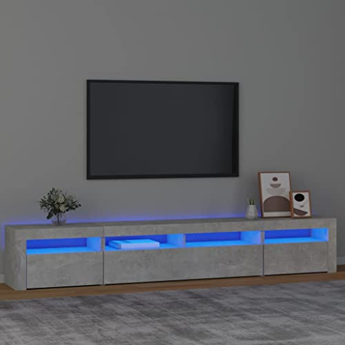 Meuble TV Moderne 240 cm avec Éclairage LED RGB, Meuble Média Gris Béton en Bois d'Ingénierie pour Salon et Salle de Séjour, Grand Espace de Rangement pour Télévision et Décorations