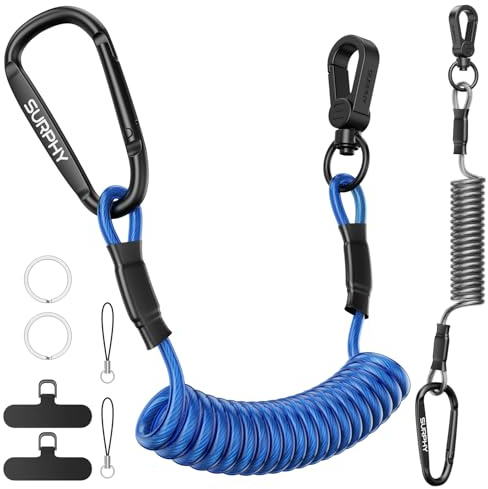 SURPHY Retractable Phone Lanyard, Phone Tether Tab & Metal Keychain Hook, Anti-theft Phone Strap Coiled Cord Lanyard for Skiing Outdoor