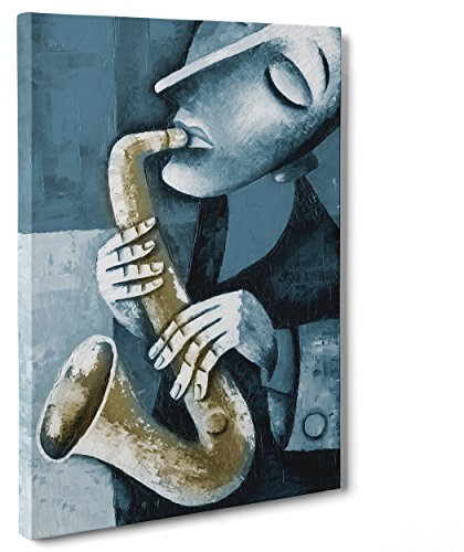 Bild auf Leinwand Canvas – Gerahmt – fertig zum Aufhängen – Musik Jazz Sax – Illustration Position Effekt Öl Gemälde Dimensione: 70x100cm A - Senza Cornice