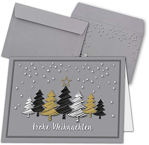 NEUSER PAPIER 10x Weihnachtskarten-Set DIN A6 in Grau mit Weihnachtsbäumen in Scratch-Optik - Faltkarten mit passenden Umschlägen - Weihnachtsgrüße für Firmen und Privat