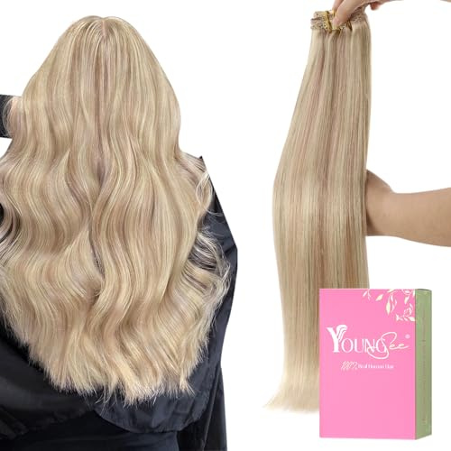 YoungSee Clip in Extensions Echthaar Blond Strahnchen Echthaar Extensions Clip in Blond Remy Glatt Extensions Echthaar Clips Aschblond und Warmblond für Damen 50 cm 120g 18/613