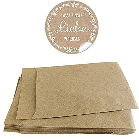 Blütensamen Tüten Set 24 Sticker Lasst unsere Liebe wachsen + 24 braune Flachbeutel - 63 x 93 mm Für Blüten Samen, Gastgeschenke, Tischdeko Aufkleber im Kraftpapier Look