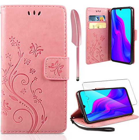 AROYI Lederhülle Kompatibel mit Huawei P30 Lite Flip Hülle und Schutzfolie, Wallet Case Handyhülle PU Leder Tasche Case Kartensteckplätzen Schutzhülle Kompatibel mit Huawei P30 Lite Rosa
