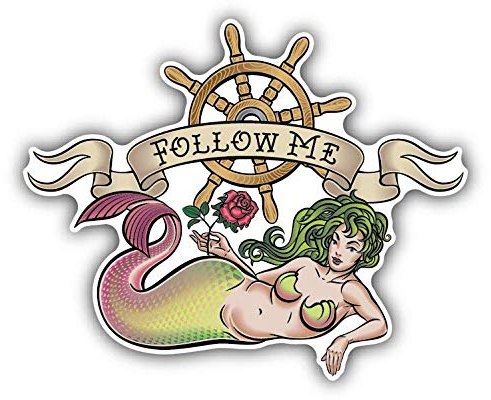 Mermaid Follow Me Old School Tattoo Window Truck Car Bumper Sticker Decal 5 x 4