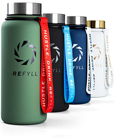 REFYLL X Thermo Trinkflasche Edelstahl “Power” 1L I 2 Verschlüsse I Doppelwandige Isolierflasche I 24H Kalt & 12H Heiß I BPA-Frei I Fitness Trinkflasche 1000ml für Kohlensäure geeignet