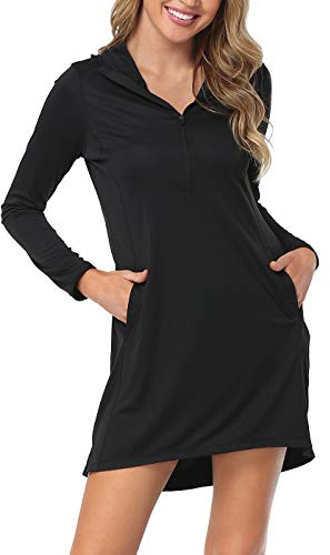 HDE Beach Coverups for Women UPF 50 Long Sleeve Swim Cover Up Dress with Hood Quick Dry Sun Protection Tunic with Pockets Black - L