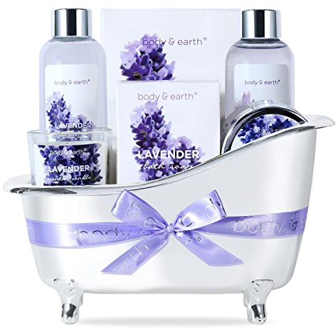 Set de Regalo Mujer, Body&Earth Cestas Regalo Mujer 7 Piezas Lavanda con Baño de Burbujas, Gel de Ducha, Vela Perfumada, Sales de Baño, Loción Corporal, Jabón Pack Mujer Regalo para Cumpleaños Navidad