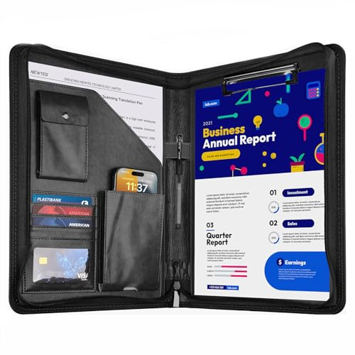NEWYES Portadocumentos de Cuero A4 para Conferencias con Cremallera- Regalo Hombre/Mujer, Carpeta Organizadora Agenda Ideal para Oficina y Viaje de Negocios, Negro | Portafolios Regalo Hombre Mujer, Porta Documentos Organizadora Agenda Ideal para Oficina y Viaje de Negocios