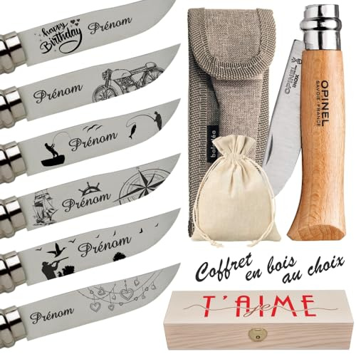 Gravure Events - Couteau Opinel n°8 personnalisé avec prénom gravé - Cadeau pour homme : fête des pères, papa, tonton, grands pères (papi, papy) anniversaire, noël (Couteau Seul)