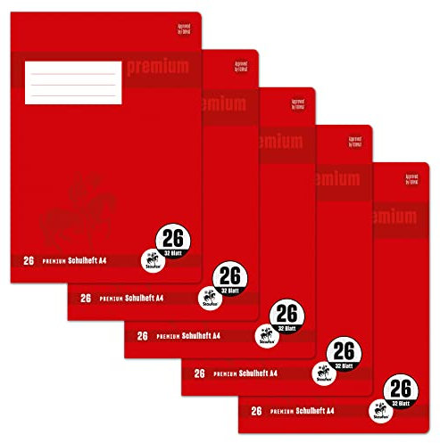 Staufen Premium Schulheft - DIN A4, Lineatur 26 (5mm kariert mit Rand), 32 Blatt, 90g/m² Premium Papier, 5 Stück